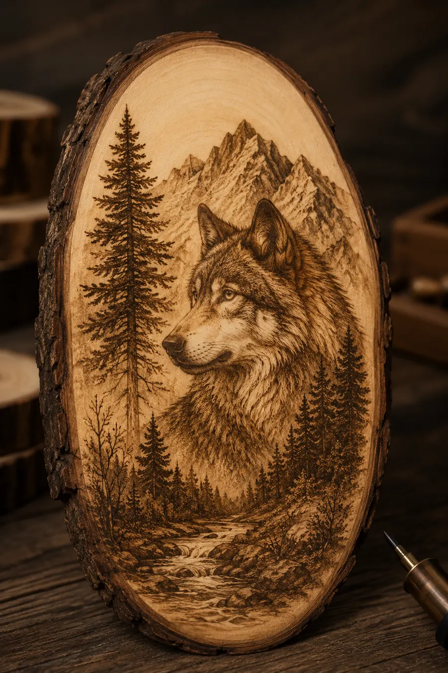 Umelecky vypálený obraz vlka v dreve – pyrografia